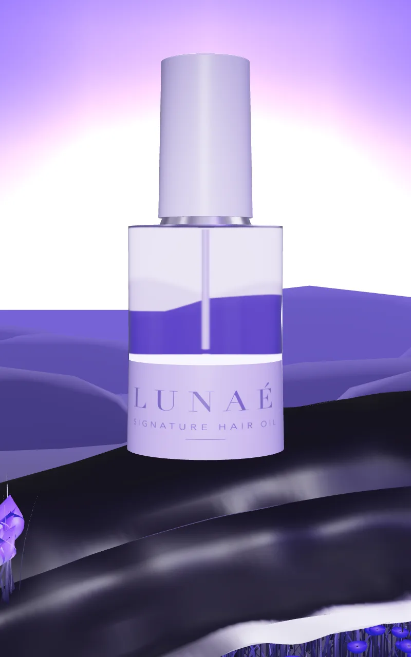 LUNAÉ Signature Fragrant Hair Oil, a frosted lavender bottle resting on a dark branch